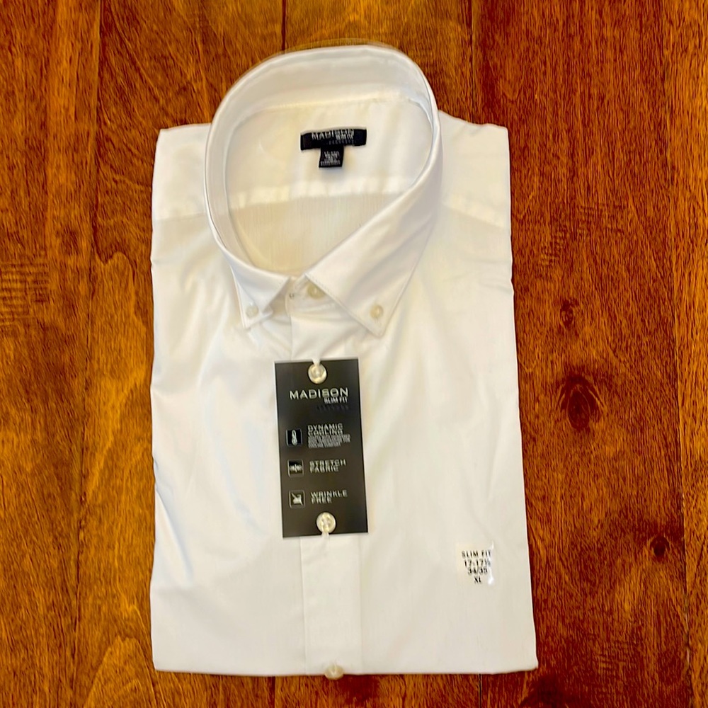 Brand new with tags Mens Madison white dress shirt.